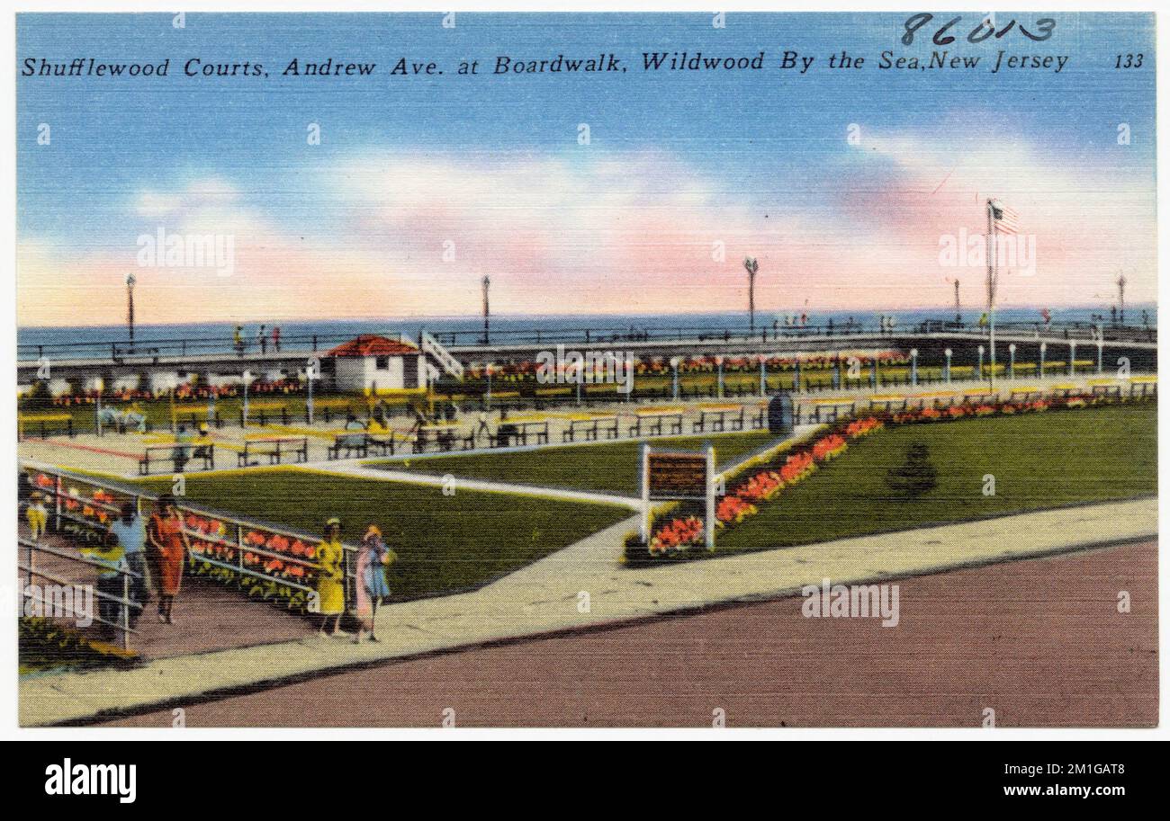 Shufflewood Courts, Andrew Ave. A Boardwalk, Wildwood by the Sea, New Jersey, spiagge, passerelle, Tichnor Brothers Collection, Cartoline degli Stati Uniti Foto Stock