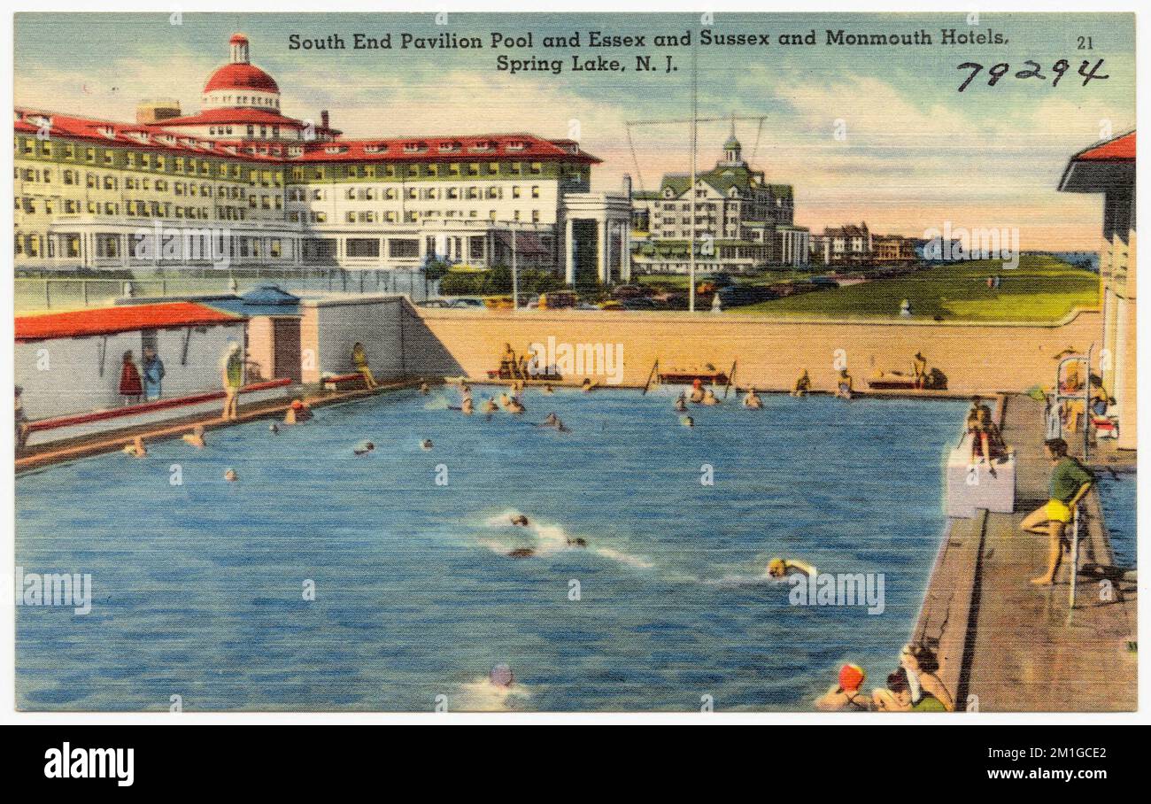 Piscina con padiglione South End e hotel Essex e Sussex e Monmouth, Spring Lake, N. J., strutture sportive e ricreative, hotel, Tichnor Brothers Collection, cartoline degli Stati Uniti Foto Stock