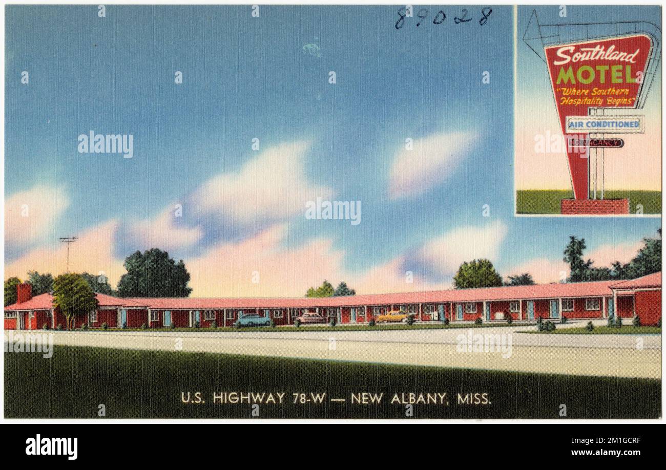 Southland Motel, Stati Uniti Autostrada 78-W -- New Albany, Miss , Motels, Tichnor Brothers Collection, cartoline degli Stati Uniti Foto Stock