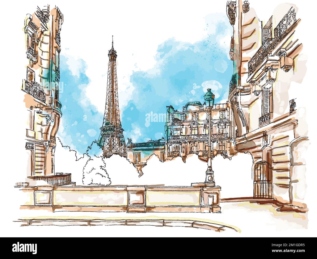 Strada parigina, semplice schizzo disegnato a mano in bianco e nero con macchie di colore. Elegante vista panoramica di una città europea. Stampa grafica vettoriale. Illustrazione Vettoriale