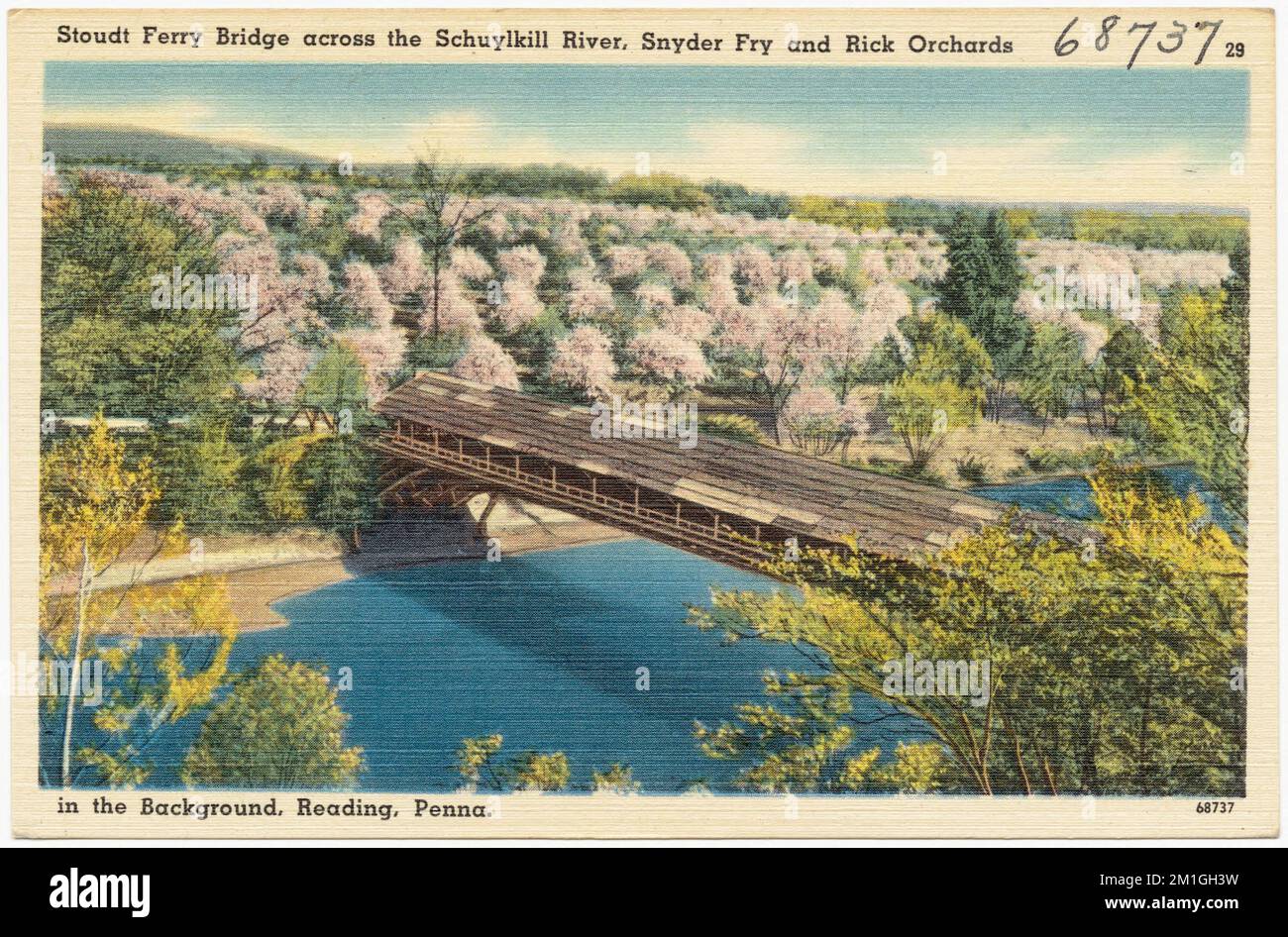 Ponte dei traghetti di Stoudt attraverso il fiume Schuylkill, Snyder Fry e Rick Orchards sullo sfondo, Reading, penna. , Bridges, Tichnor Brothers Collection, cartoline degli Stati Uniti Foto Stock