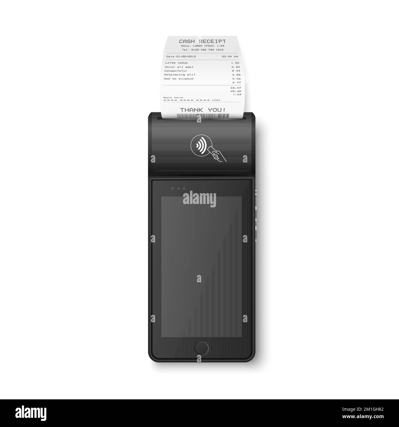 Macchina di pagamento NFC Vector 3D con stato approvato, controllo cartaceo, ricevuta isolata. Wi-fi, pagamento wireless. Terminale POS, modello di progettazione della macchina di Illustrazione Vettoriale