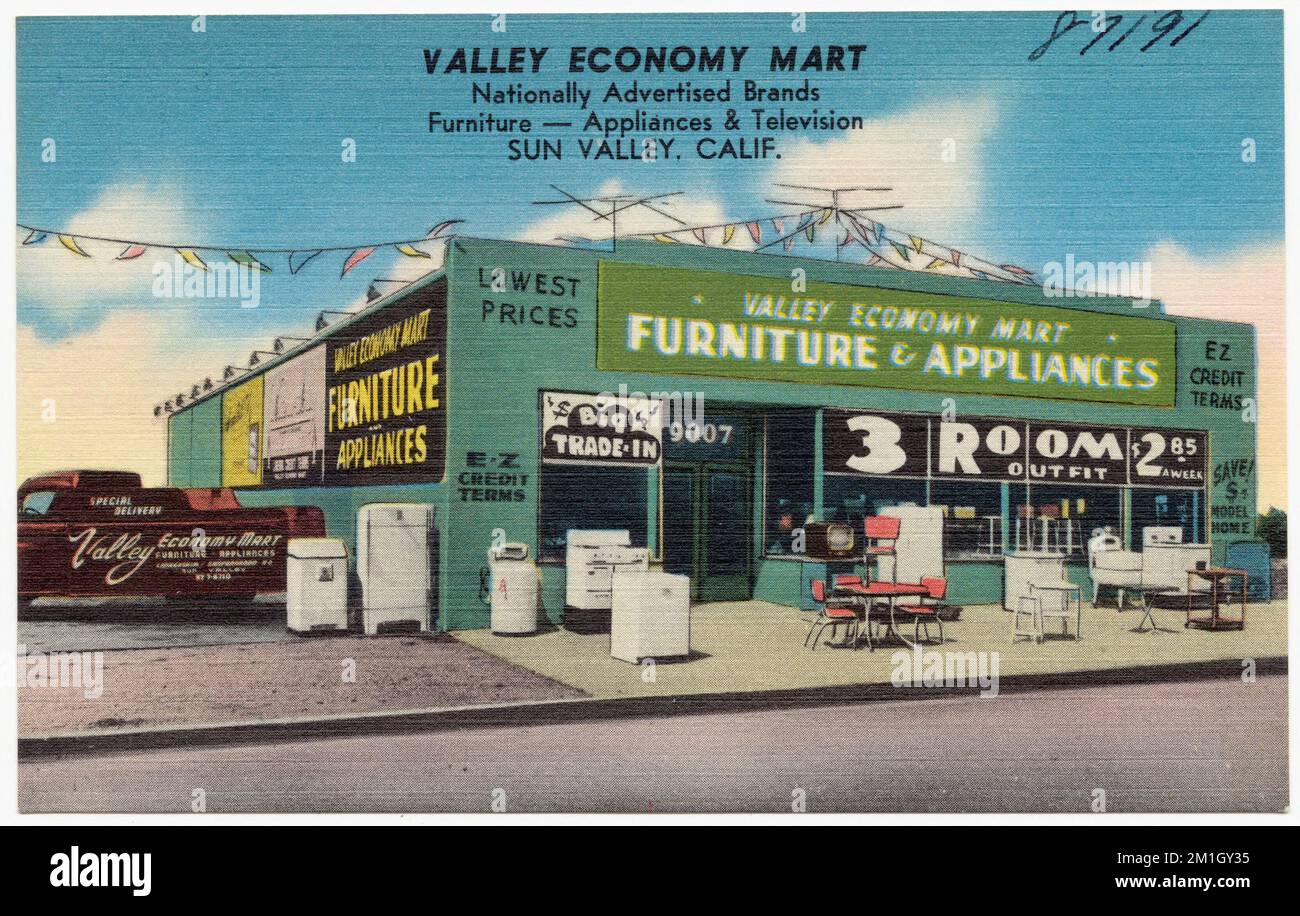 Valley Economy Mart, marchi pubblicizzati a livello nazionale, mobili -- Appliances & Television, Sun Valley, California. , Commercial facilities, Tichnor Brothers Collection, cartoline degli Stati Uniti Foto Stock