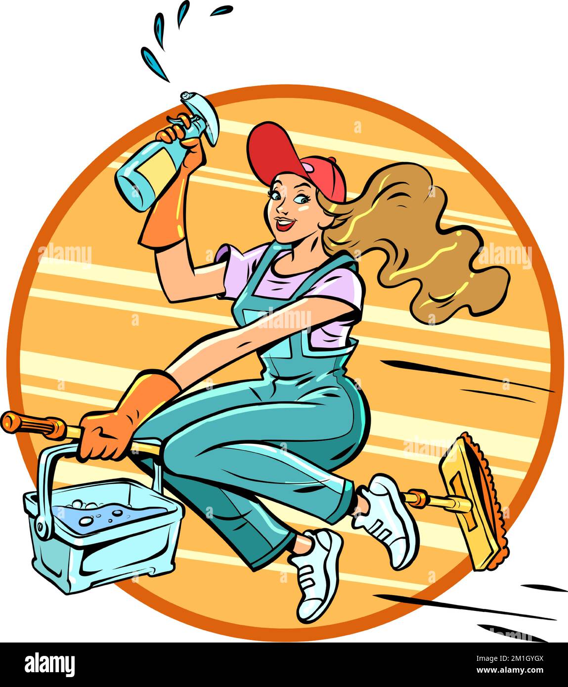 Una donna janitor. Servizio di pulizia. Ragazza su un bastone, strega Illustrazione Vettoriale