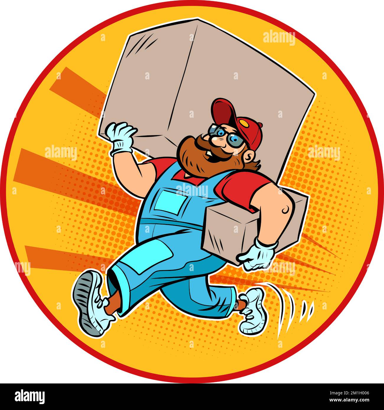 Corriere di consegna uomo, caricatore. Un uomo bearded con una scatola grande. Shopping e ordini Online Trading Illustrazione Vettoriale