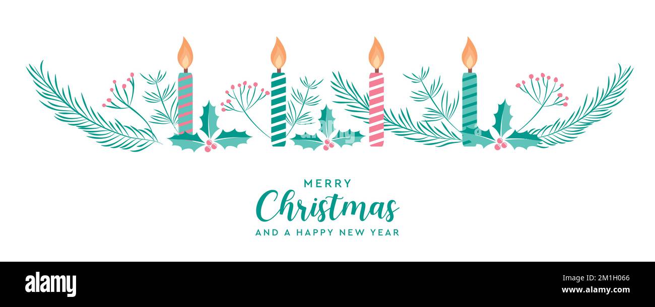 biglietto di auguri natalizio banner con candela abete rami agrifoglio bordo Illustrazione Vettoriale