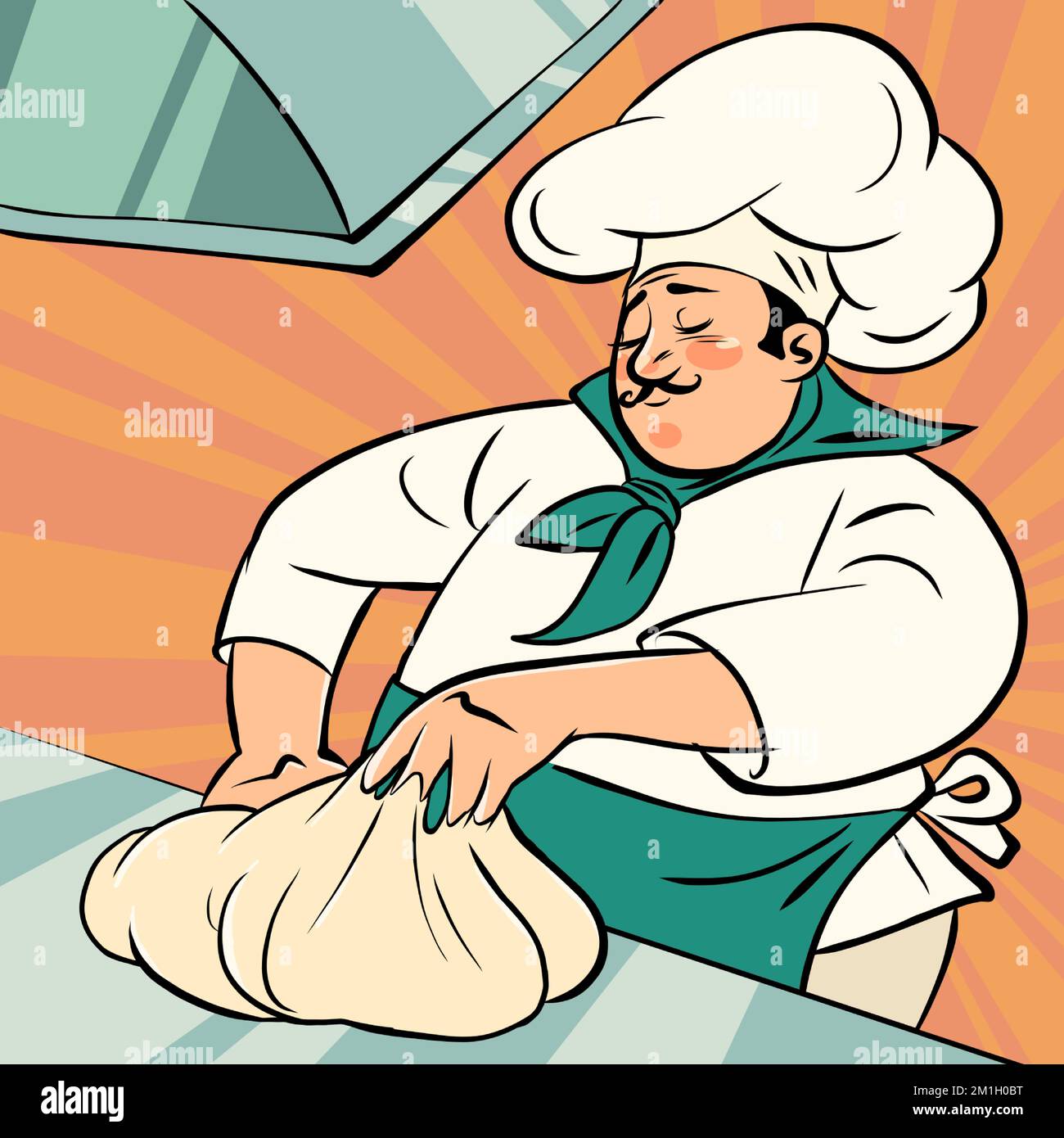chef uomo impastare pasta, cucina ristorante cottura pane prodotto Illustrazione Vettoriale
