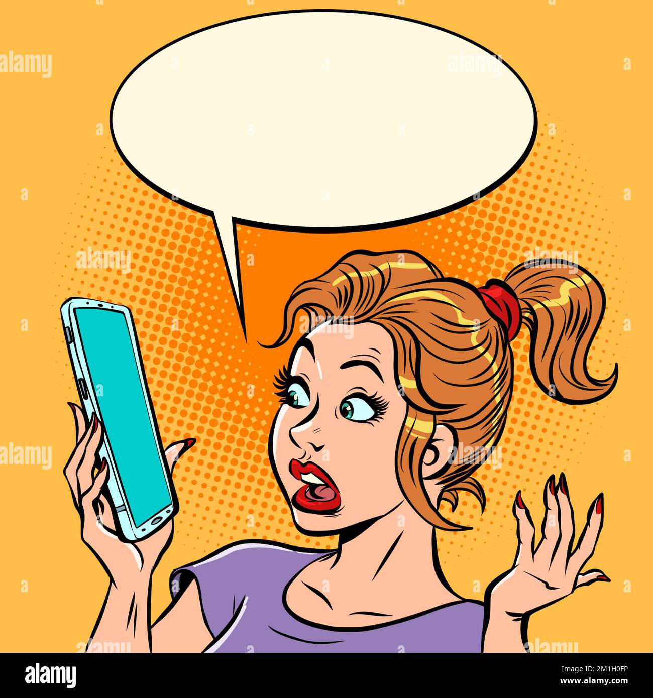 Una donna spaventata con uno smartphone. Cattive notizie, sorpresa e stupore Illustrazione Vettoriale