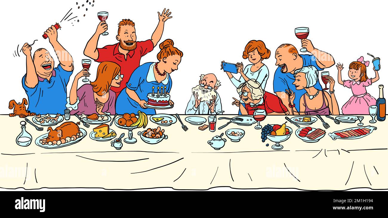 Uomo papà nonno festa di compleanno, tutta la famiglia al tavolo delle feste Illustrazione Vettoriale