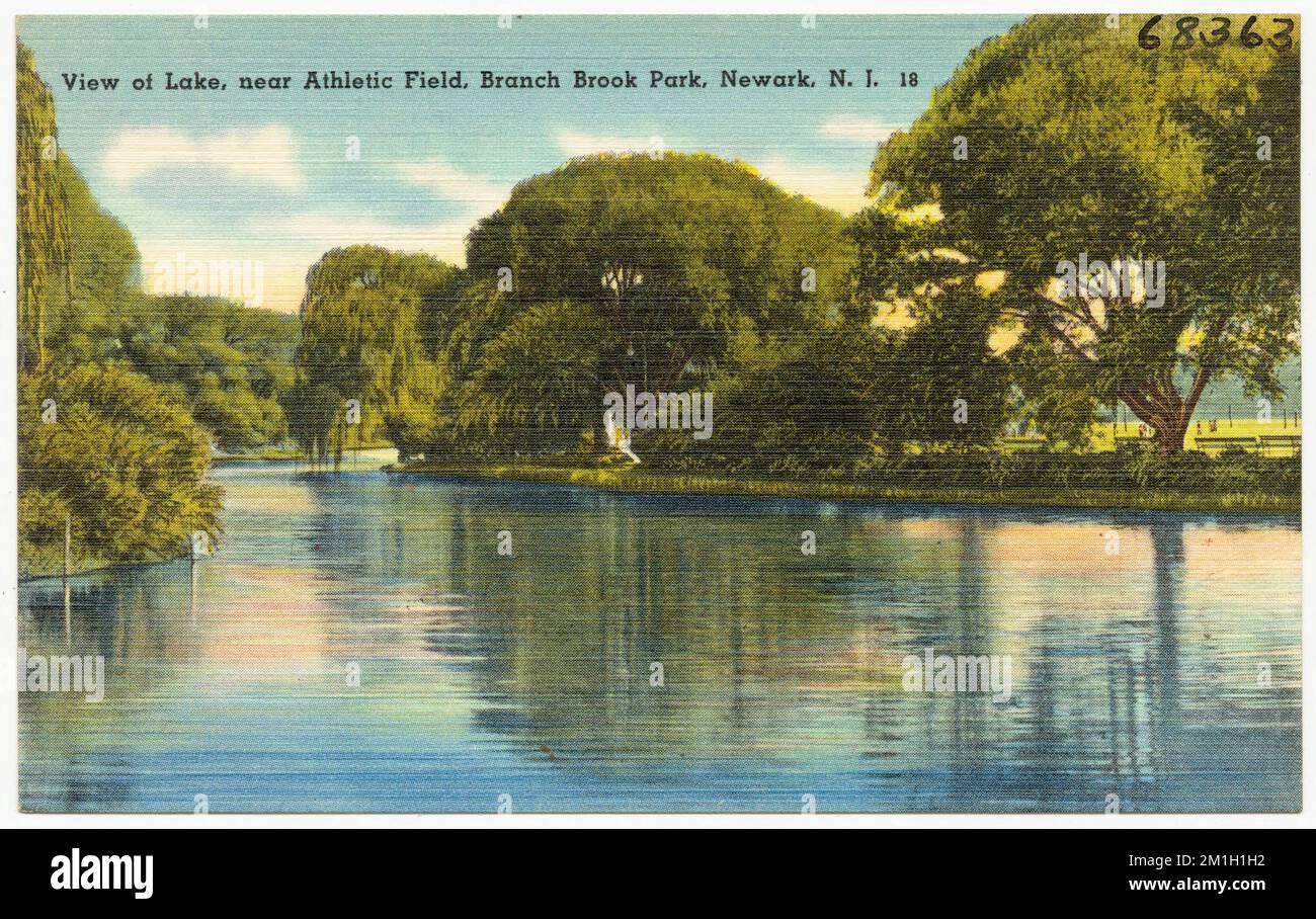 Vista del lago, vicino campo atletico, Branch Brook Park, Newark, N. J. Parchi, laghi e stagni, Tichnor Brothers Collection, cartoline degli Stati Uniti Foto Stock