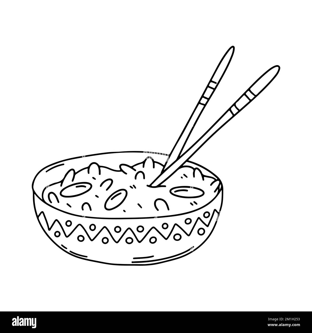 Riso fritto con salsa di fagioli in stile doodle trainato a mano. Illustrazione del vettore piatto cinese Illustrazione Vettoriale