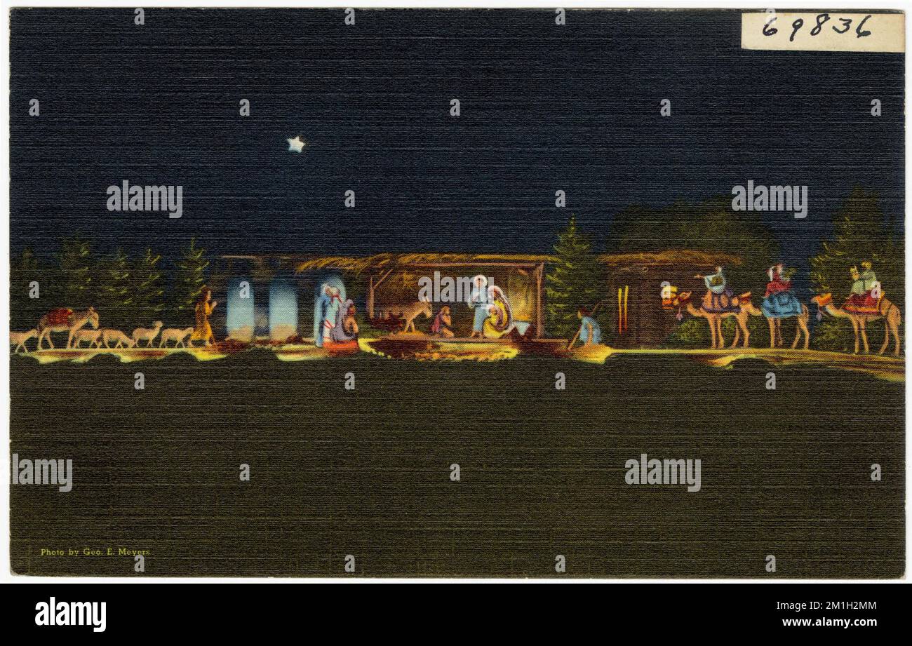 Visita Hartford dal 18 dicembre al 1 gennaio. Una sorprendente riproduzione della scena del presepe, con figure a grandezza naturale prima di un palcoscenico illuminato di 100 metri, grazie al prato della vecchia casa di stato di Hartford durante la stagione delle festività natalizie. , Enti governativi, Tichnor Brothers Collection, cartoline degli Stati Uniti Foto Stock