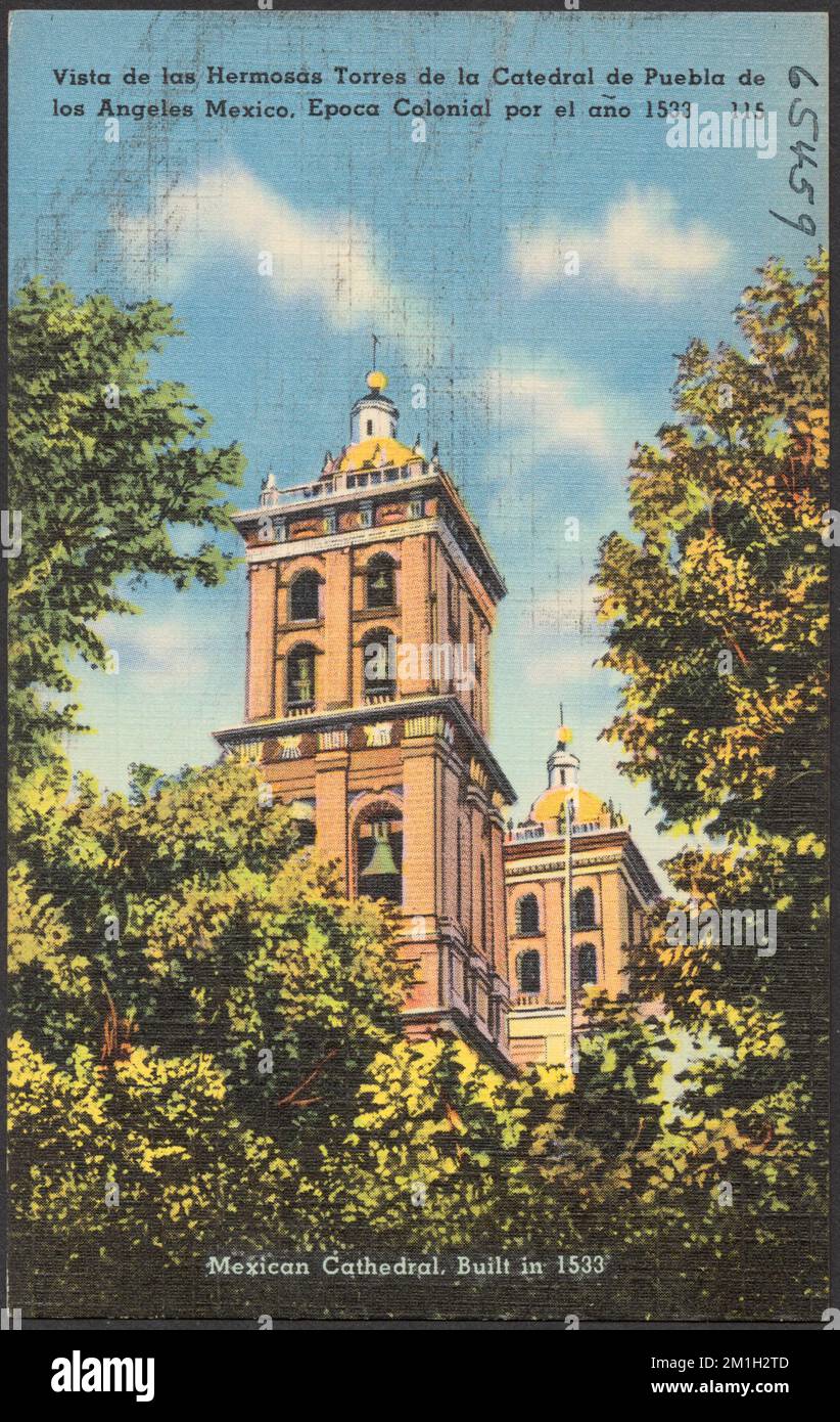 Vista de las Hermosas Torres de la Catedral de Puebla de los Angeles Mexico, epoca coloniale por el año 1533 - cattedrale messicana costruita nel 1533 , cattedrali, chiese cattoliche, Catedral de Puebla, Tichnor Brothers Collection, Cartoline degli Stati Uniti Foto Stock