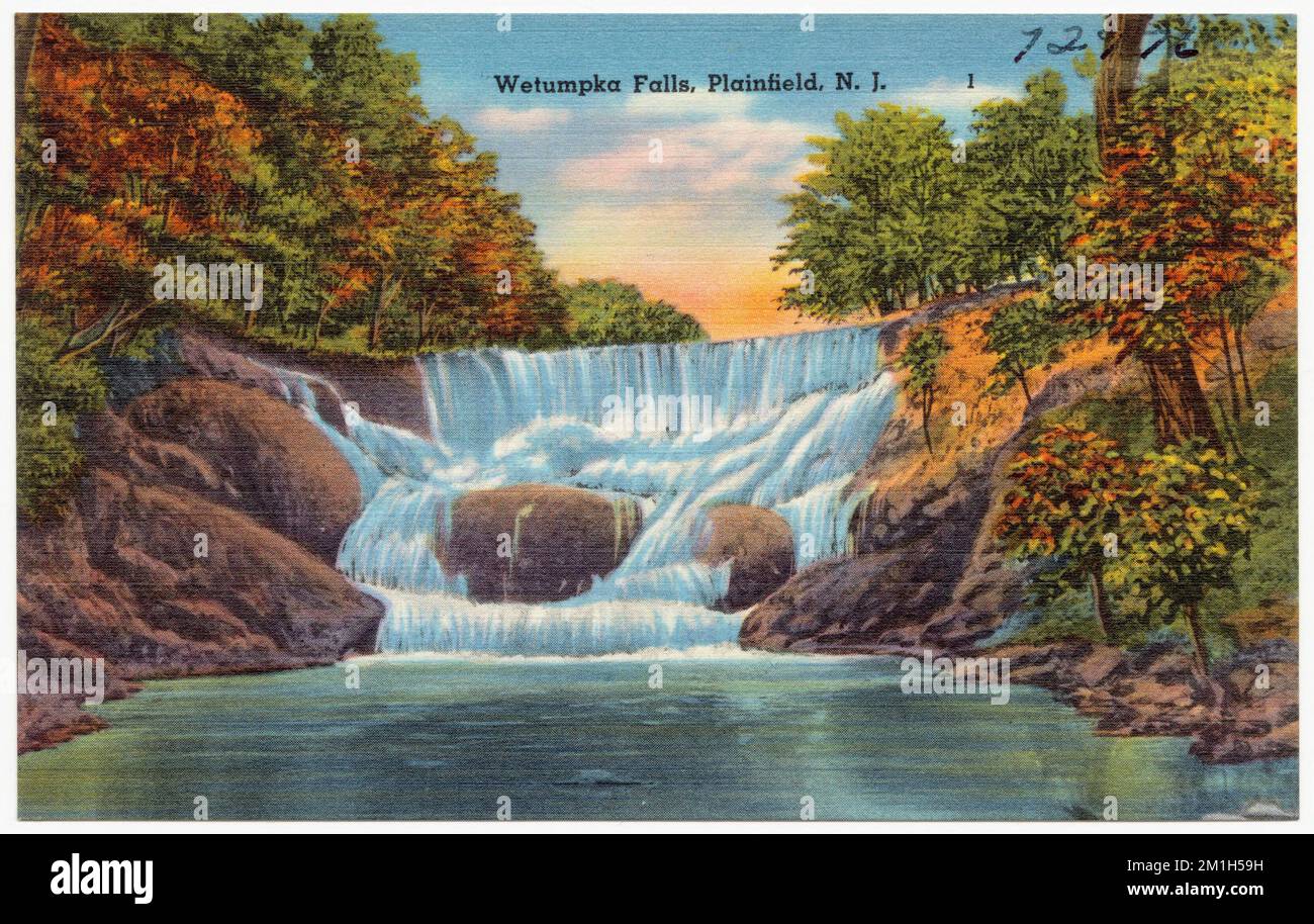 Cascate di Wetumpka, Plainfield, N. J., Cascate, Tichnor Brothers Collection, Cartoline degli Stati Uniti Foto Stock
