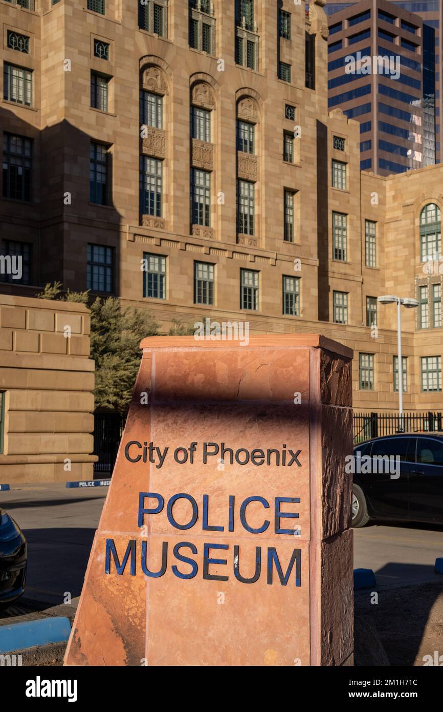 Phoenix, Arizona - 10 novembre 2022: Cartello per il Museo della polizia della Città di Phoenix. Foto Stock