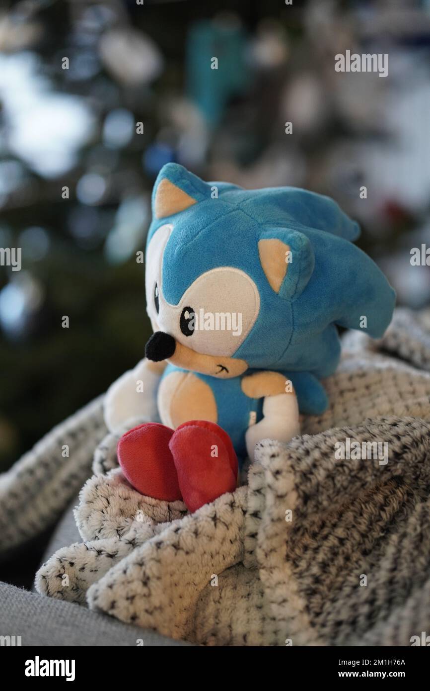 Un marchio sega blu Sonic the Hedgehog peluche giocattolo seduto su un  lenzuolo Foto stock - Alamy