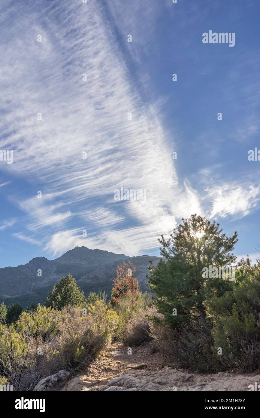 Il tramonto nel mezzo della campagna, tra montagne e alberi, Valverde de los Arroyos Foto Stock