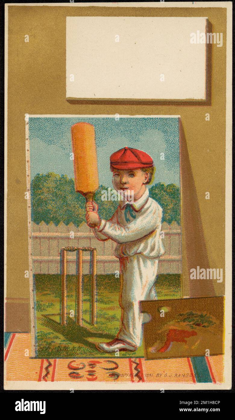 Battitore , ragazzi, dipinti, giocatori di cricket, carte commerciali americane del 19th° secolo Foto Stock