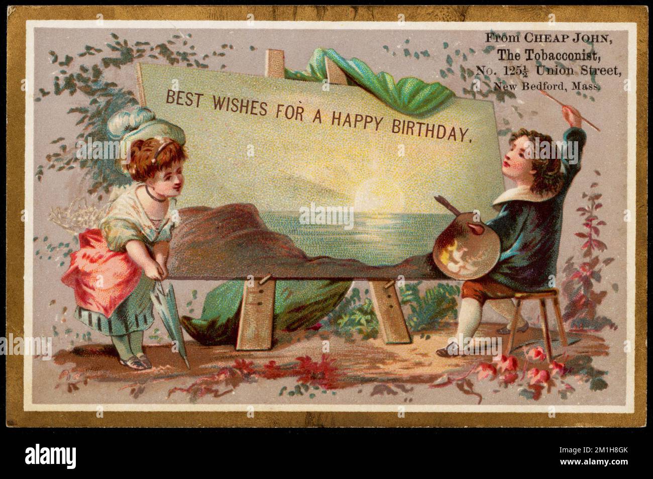 Auguri di un Buon compleanno. Da Cheap John, il tabacconista, No. 125 1/2 Union Street, New Bedford, Mass. , Adulti, materiali per artisti, dipinti, tabaccherie, Carte commerciali americane del 19th° secolo Foto Stock