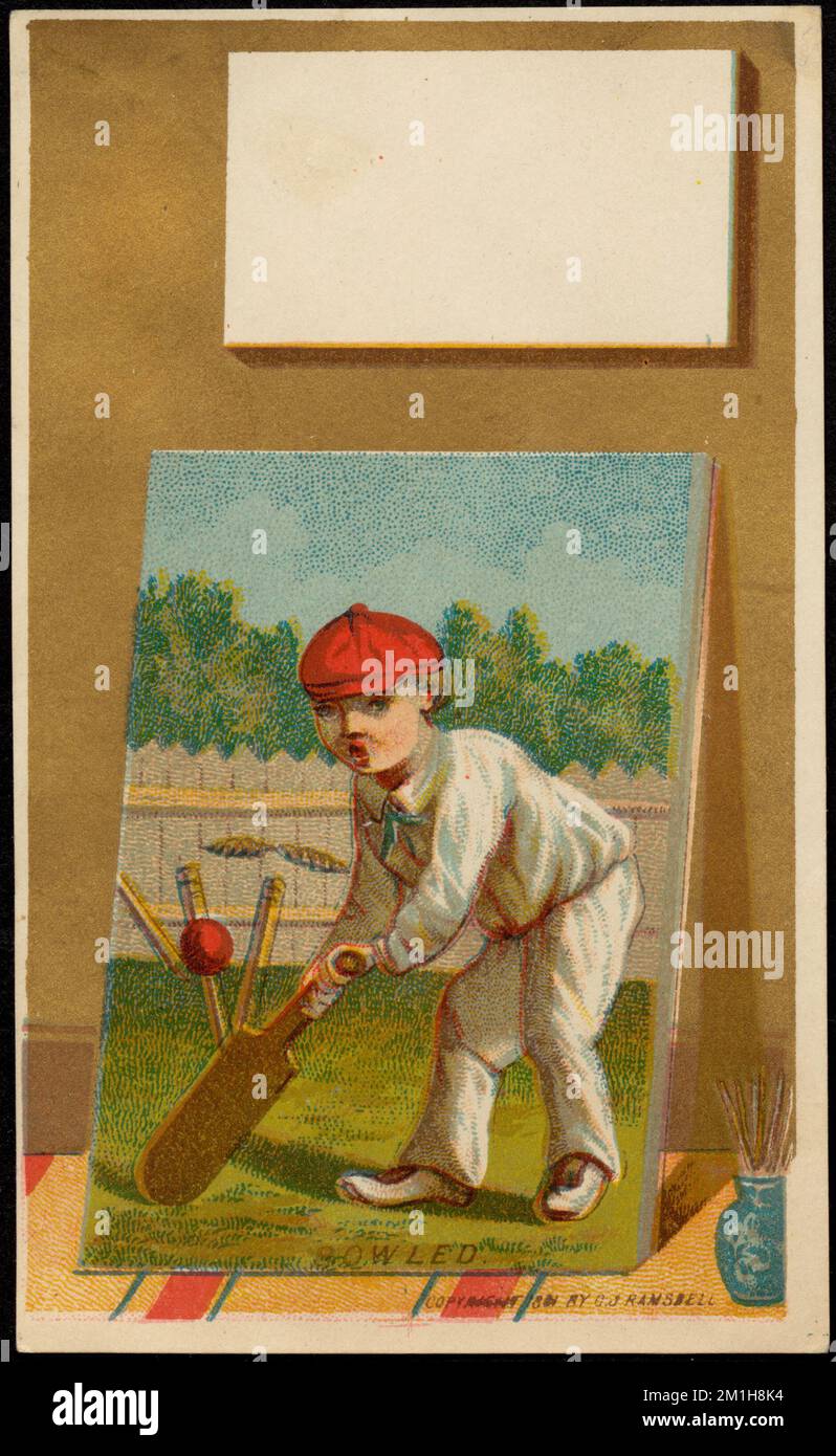 Bowled , ragazzi, dipinti, giocatori di cricket, American Trade Cards del 19th° secolo Foto Stock