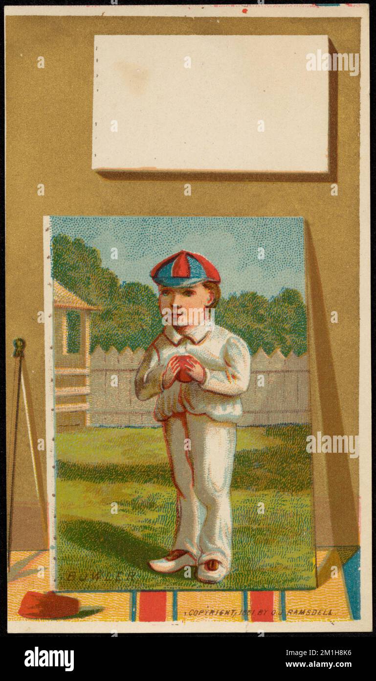 Bowler , ragazzi, dipinti, giocatori di cricket, carte commerciali americane del 19th° secolo Foto Stock