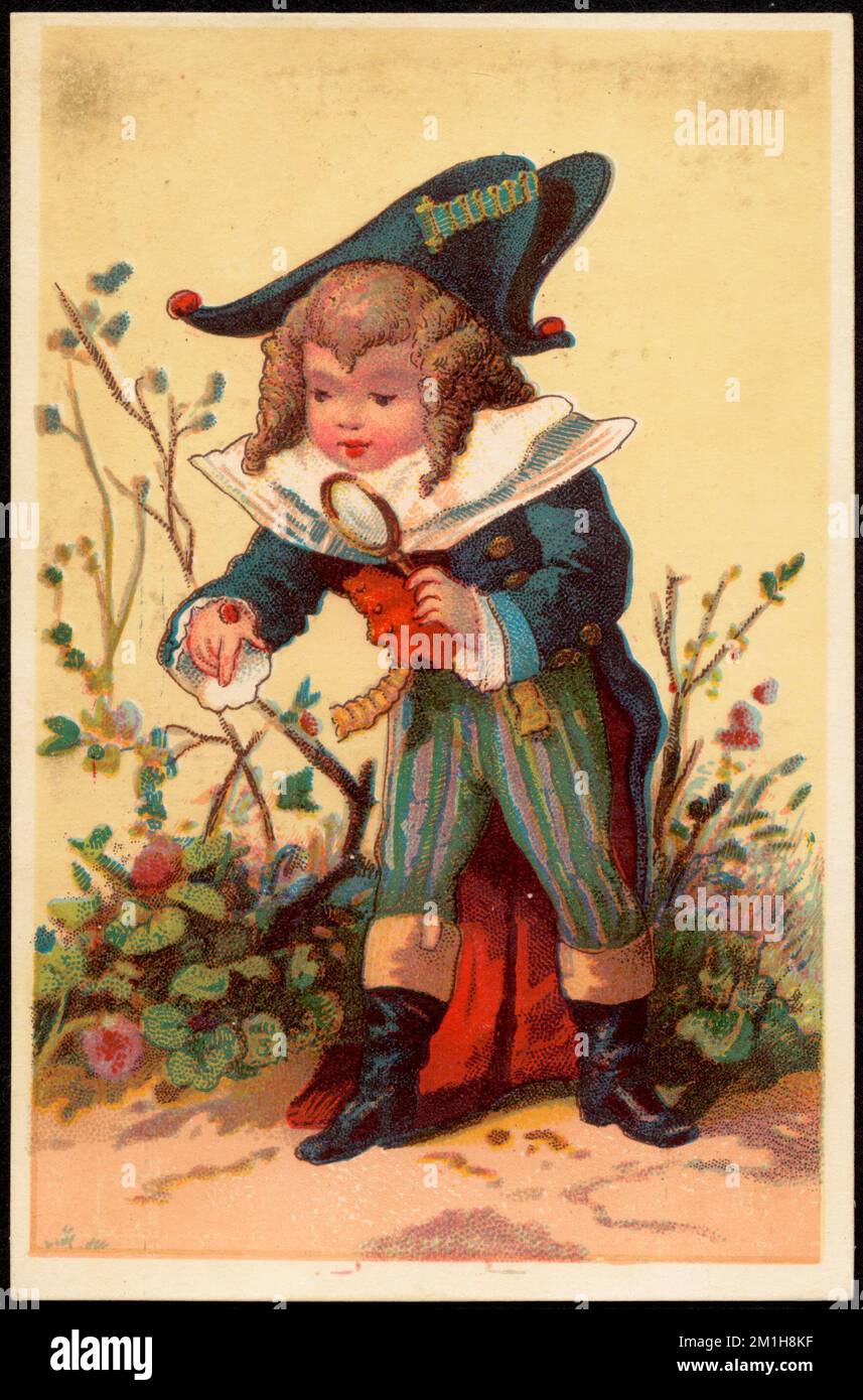 Ragazzo in costume storico che esamina una coccinella, lente d'ingrandimento in mano. , Ragazzi, lenti a mano, carte commerciali americane del 19th° secolo Foto Stock