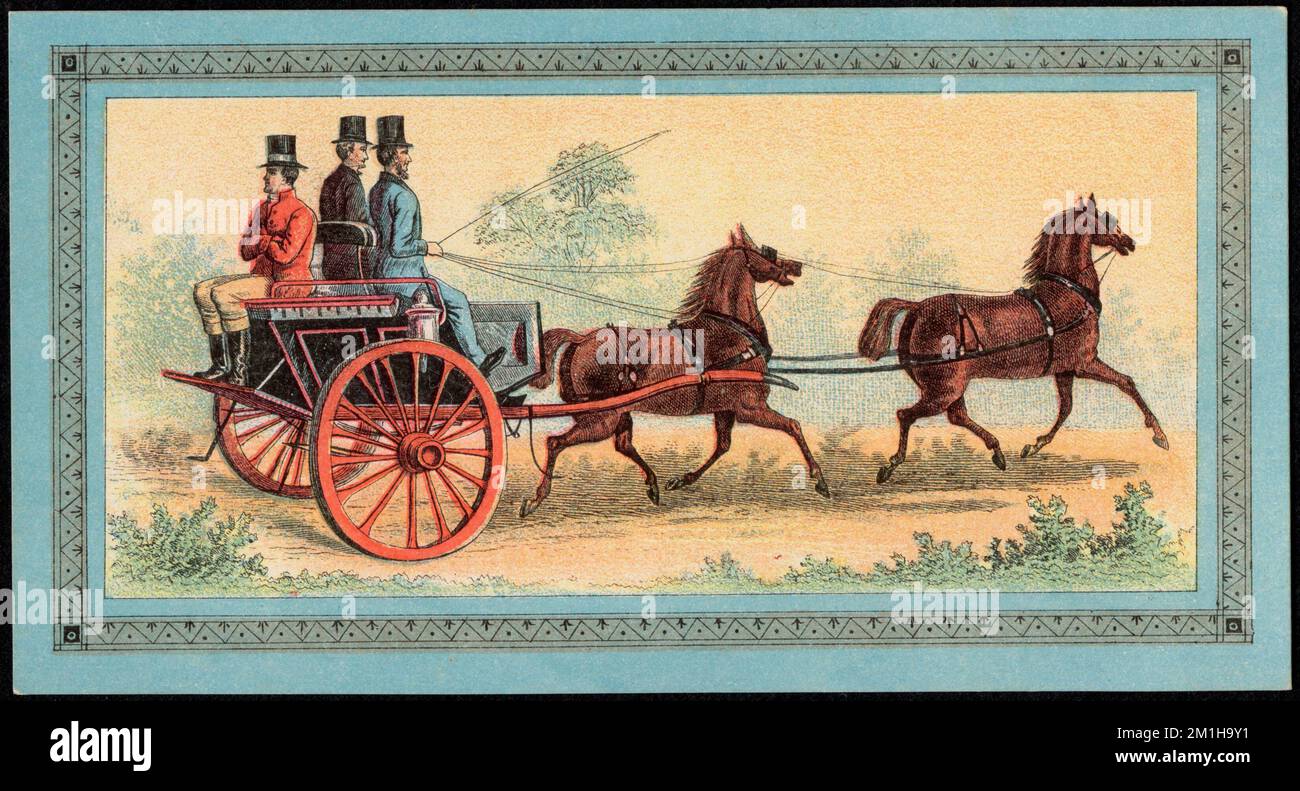 Un allenatore che tiene tre uomini che vengono trafilati da 2 cavalli. , Uomini, cavalli, carrozze e carrozze, American Trade Cards del 19th° secolo Foto Stock