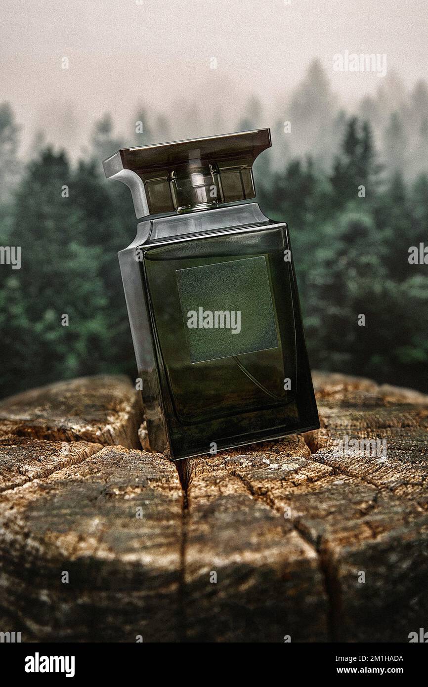 Una bottiglia di profumo maschile con il profumo di una pineta Foto Stock