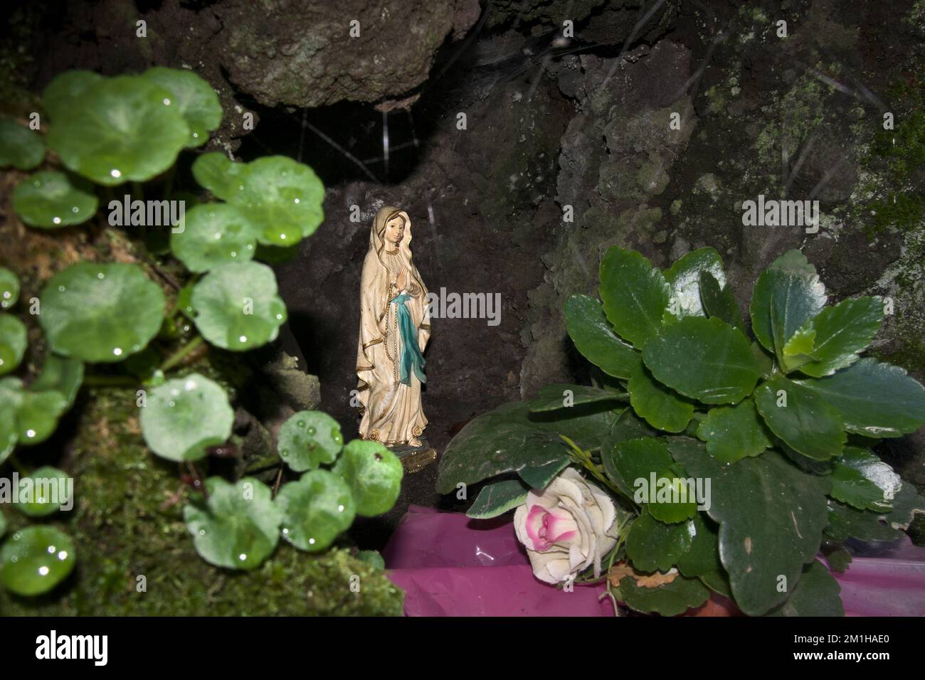 Nostra Signora di Lourdes in una piccola grotta rocciosa della Sicilia nel Parco dell'Etna, Italia Foto Stock