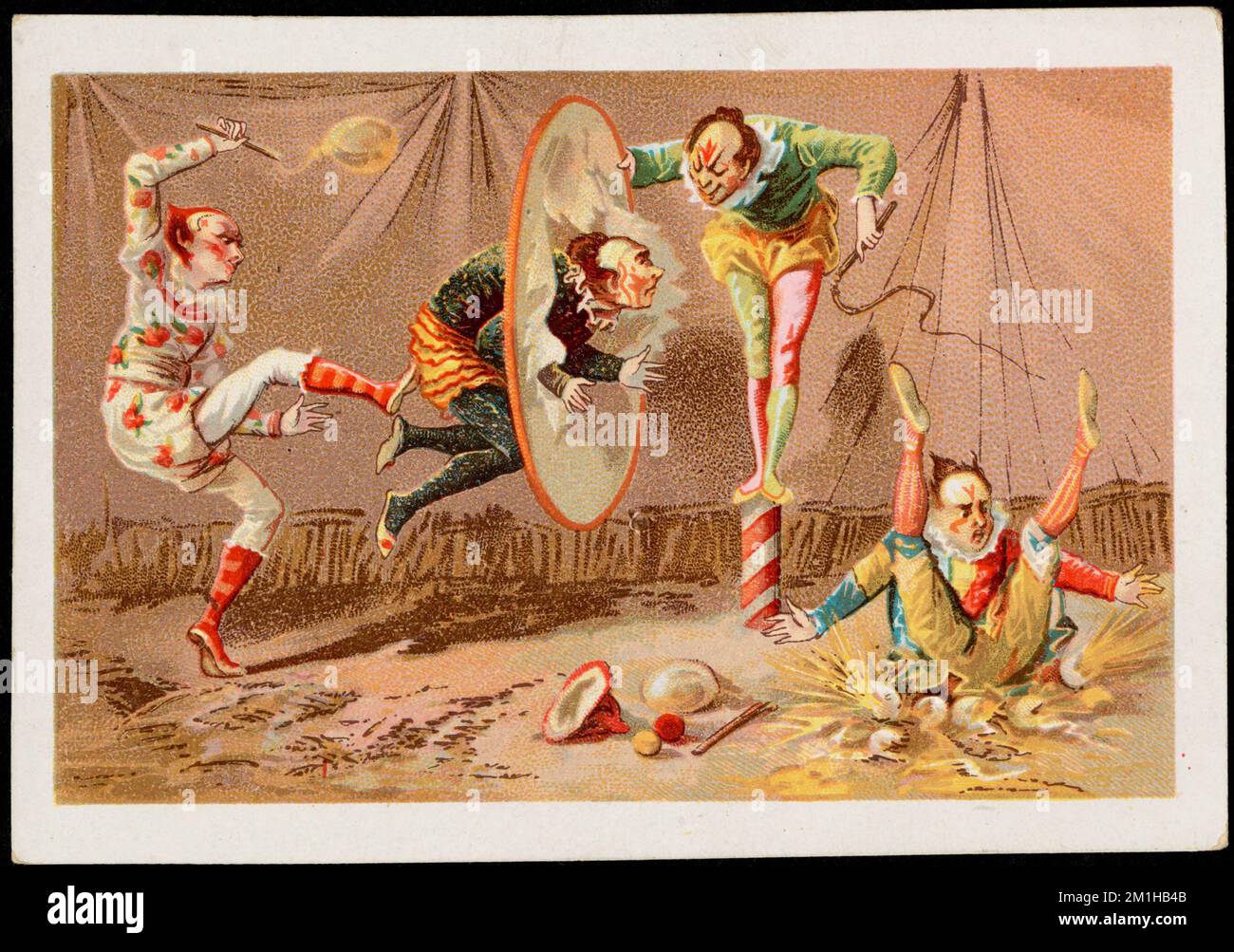 Quattro clown che praticano. , Clowns, carte commerciali americane del 19th° secolo Foto Stock