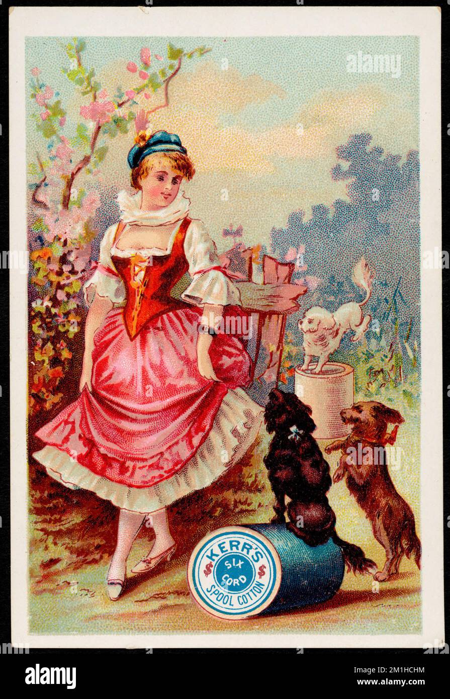 Kerr's spool Cotton, a sei fili. , Donne, cani, Filettatura, cotone, Carte commerciali americane del 19th° secolo Foto Stock