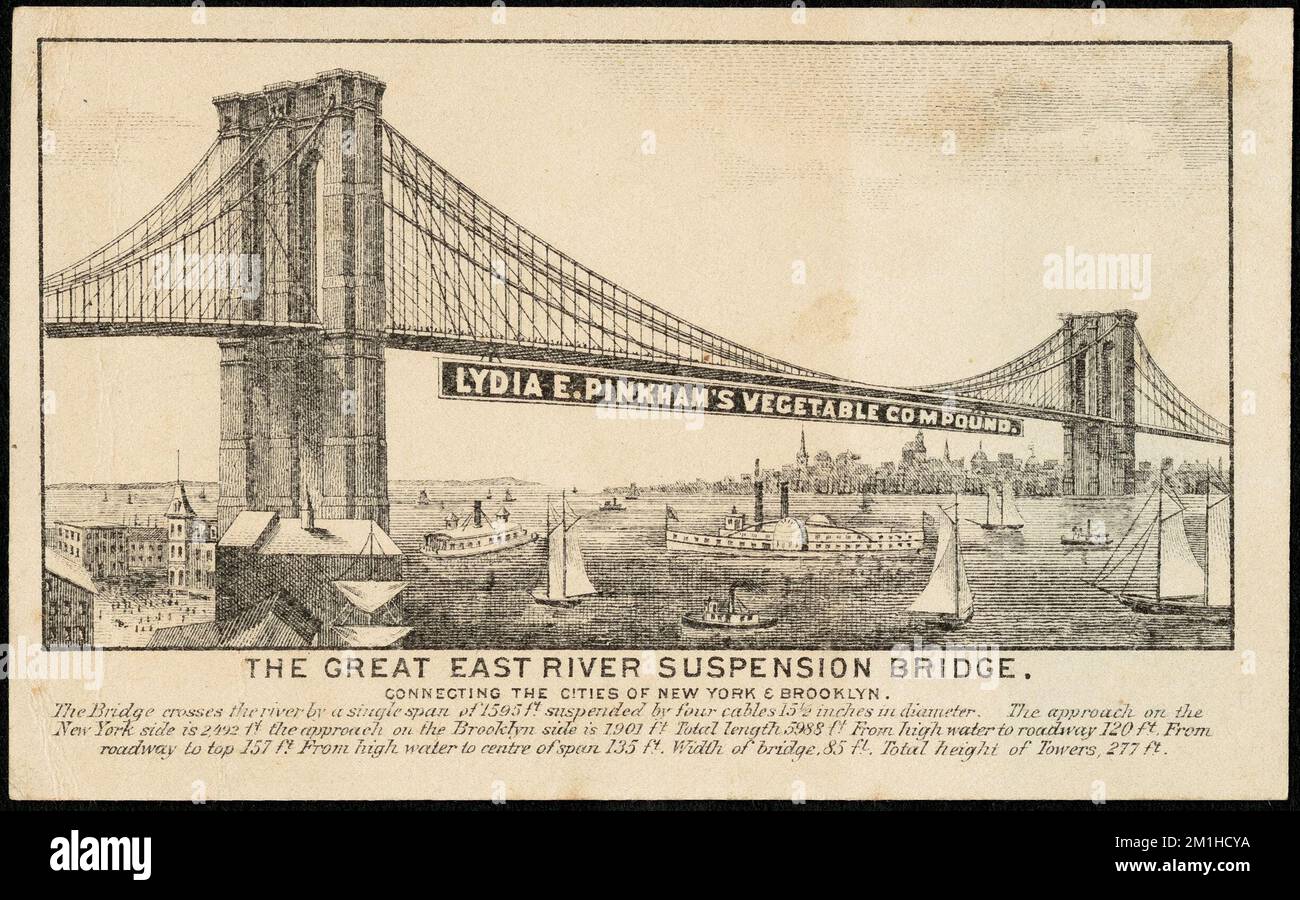 Composto vegetale di Lydia E. Pinkham. Il grande ponte sospeso East River. , Ponti di sospensione, fiumi, barche, medicamenti di brevetto, Carte commerciali americane del 19th° secolo Foto Stock