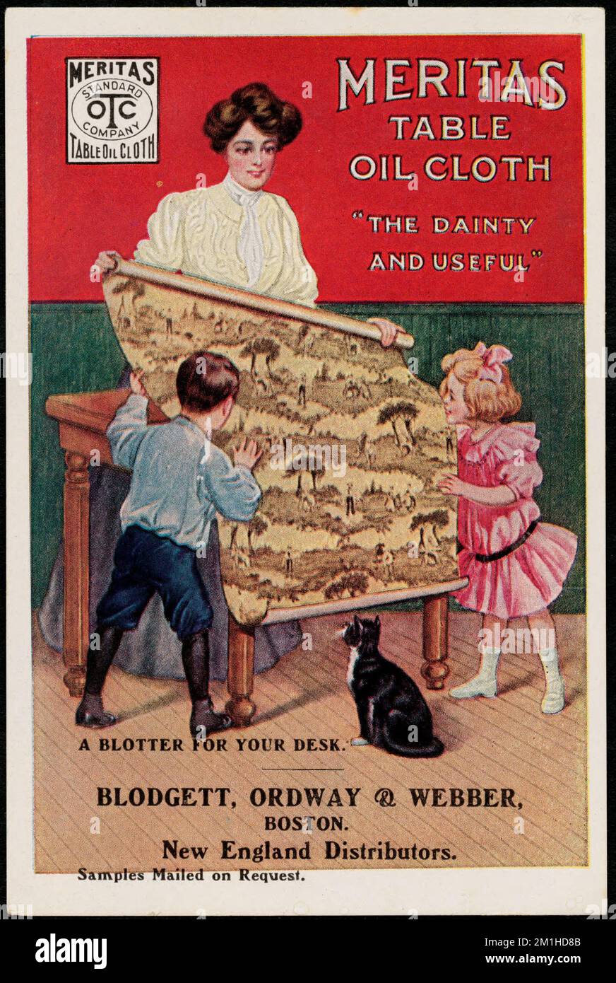 Meritas da tavola panno d'olio, 'il dainty e utile', un blotter per la vostra scrivania. , Donne, Bambini, gatti, arredi, Carte commerciali americane del 19th° secolo Foto Stock