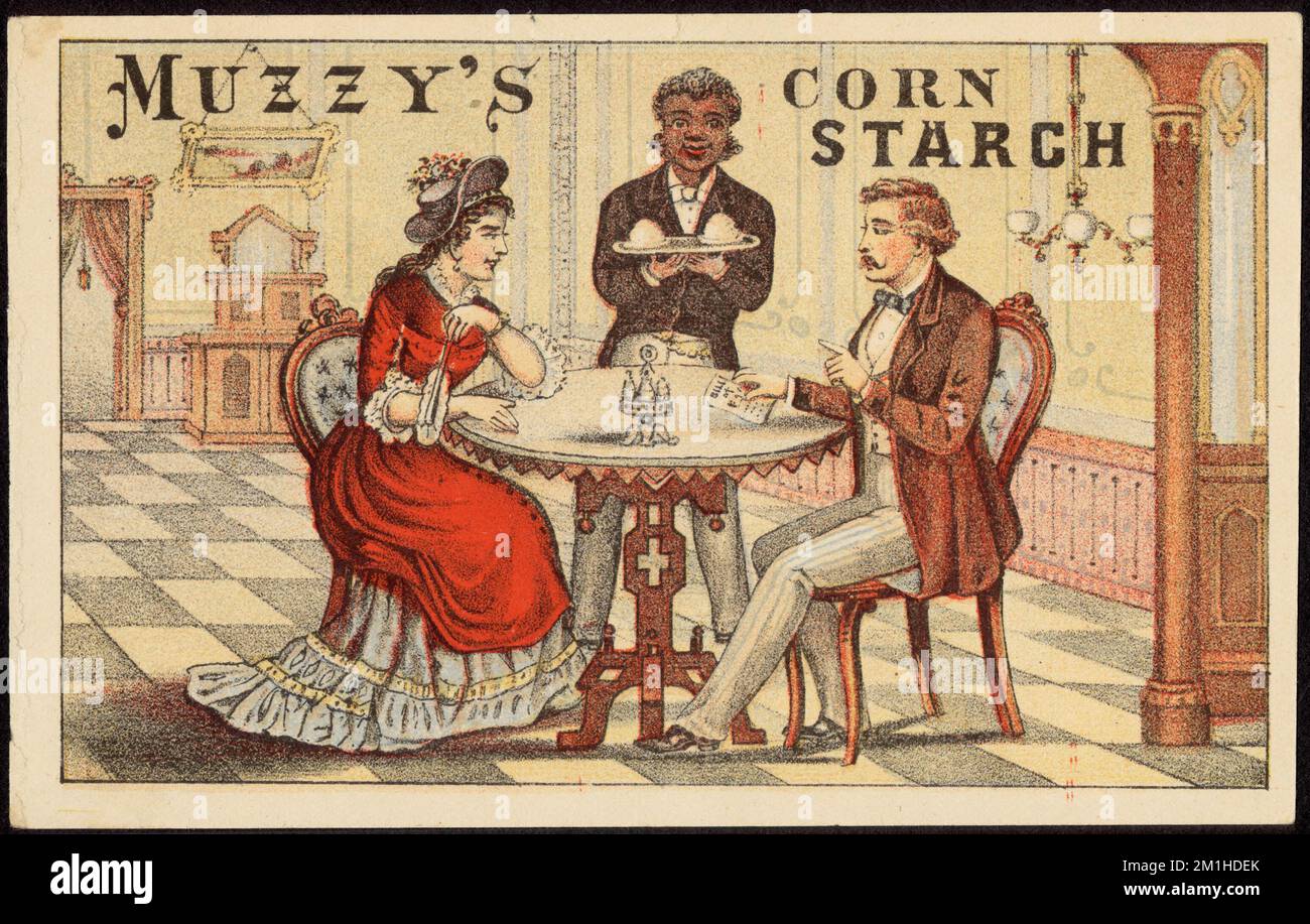 Muzzy's Corn Starch, Adulti, cibo, camerieri, 19th secolo American Trade Cards Foto Stock