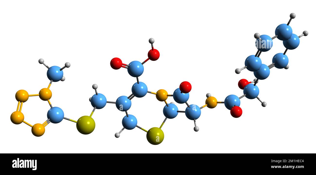 3D immagine di Cefamandolo formula scheletrica - struttura chimica molecolare dell'antibiotico cefalosporinico isolato su sfondo bianco Foto Stock