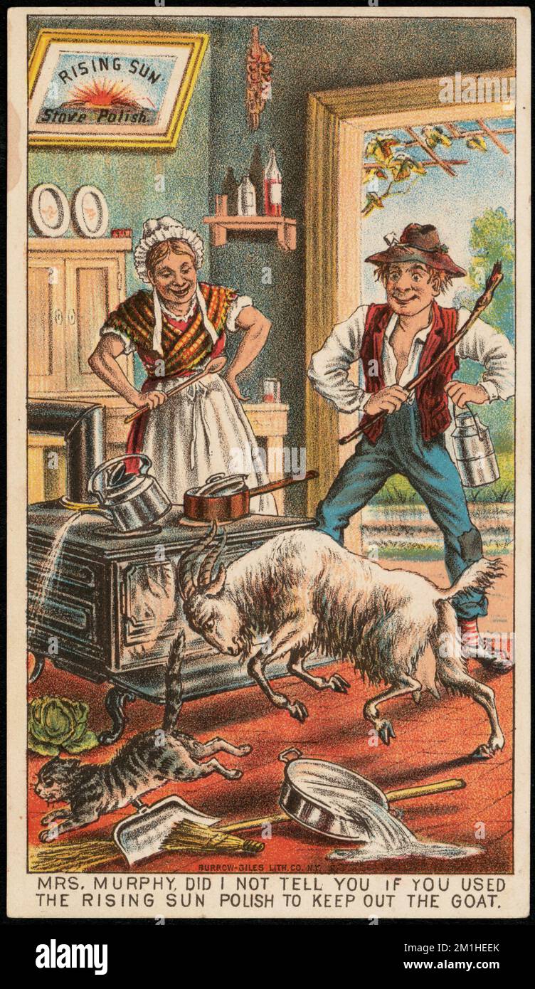 Rising Sun Fornello Polacco. Signora Murphy, non le ho detto se ha usato il Sol Levante Polacco per tenere fuori la capra. , Adulti, capre, gatti, stufe, Materiali, 19th ° secolo American Trade Cards Foto Stock