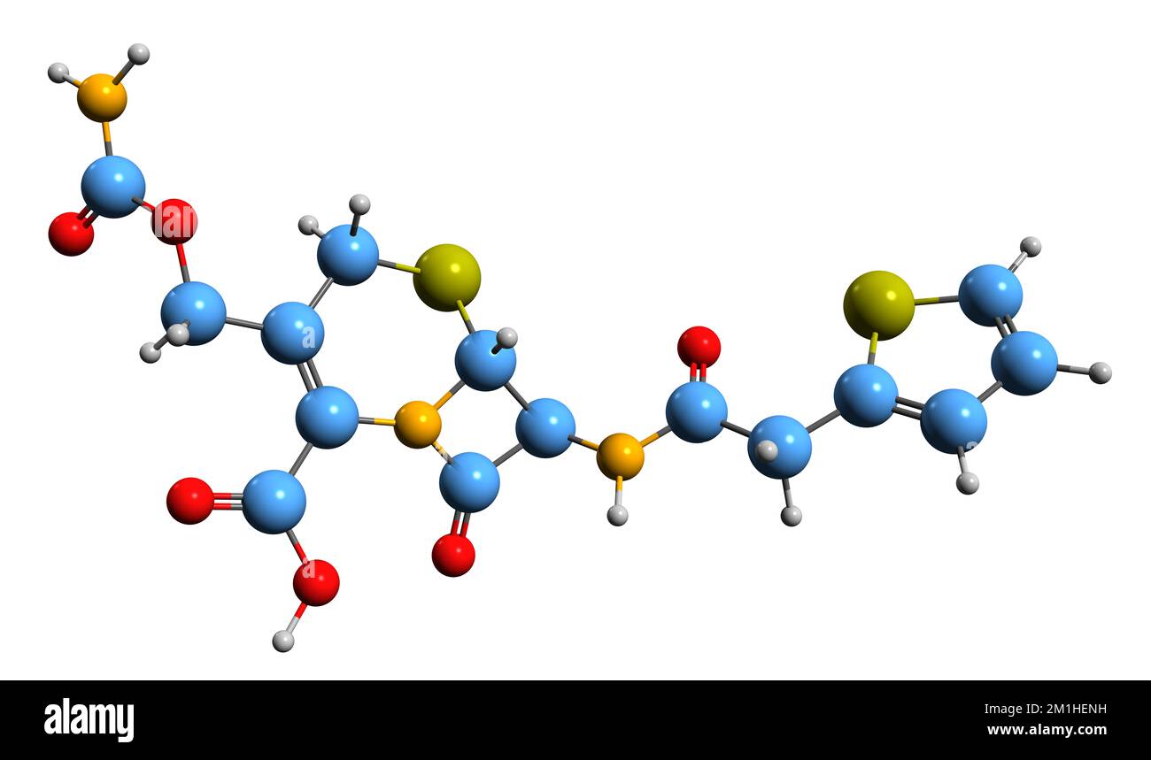 3D immagine della Cefoxitin formula scheletrica - struttura chimica molecolare dell'antibiotico cefalosporinico isolato su sfondo bianco Foto Stock