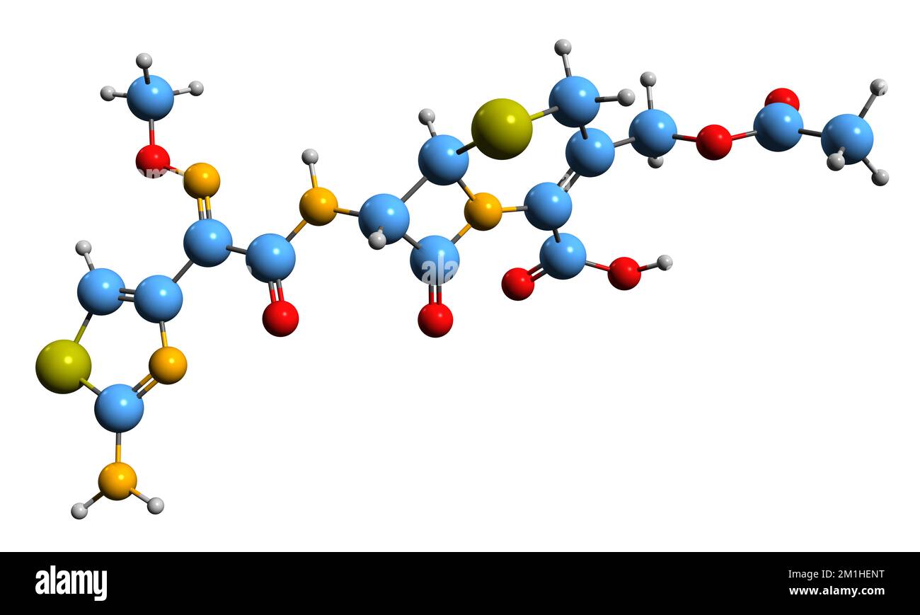 3D immagine di Cefotaxime formula scheletrica - struttura chimica molecolare dell'antibiotico cefalosporinico isolato su sfondo bianco Foto Stock