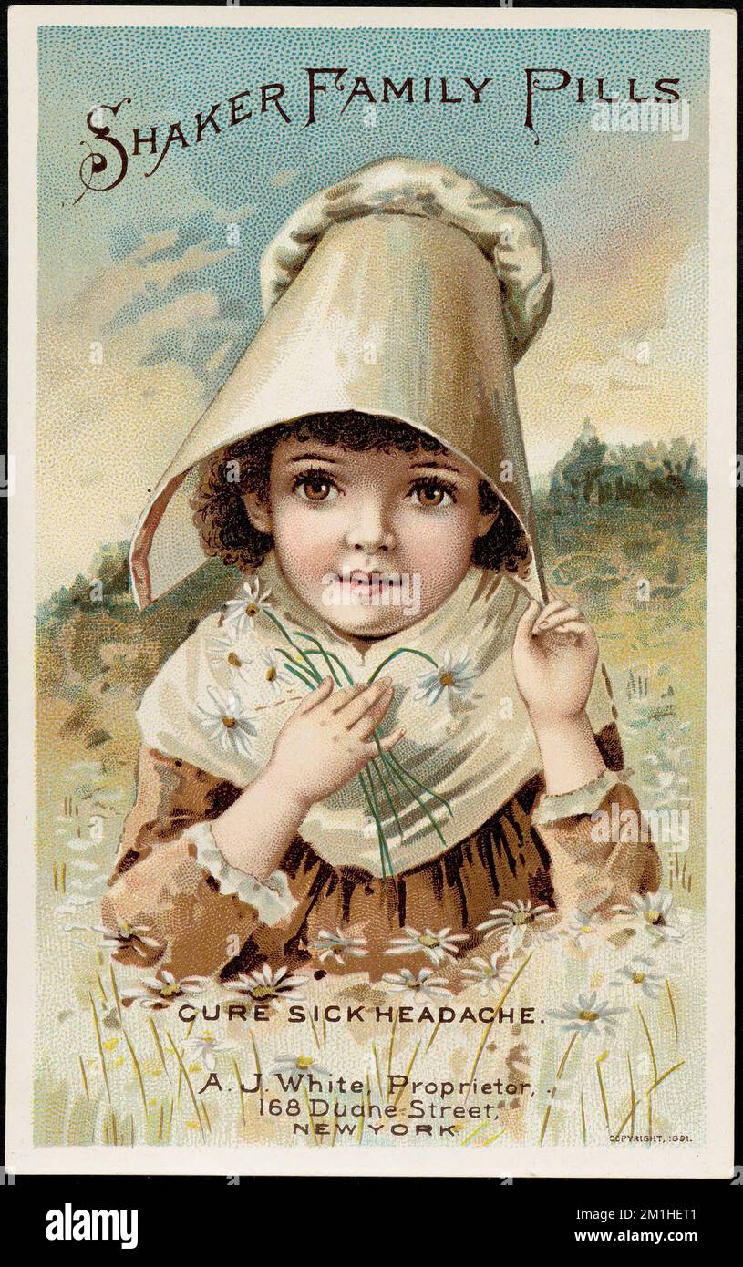 Shaker Famiglia pillole cura mal di testa malati, Ragazze, Fiori, farmaci brevetti, 19th secolo American Trade Cards Foto Stock