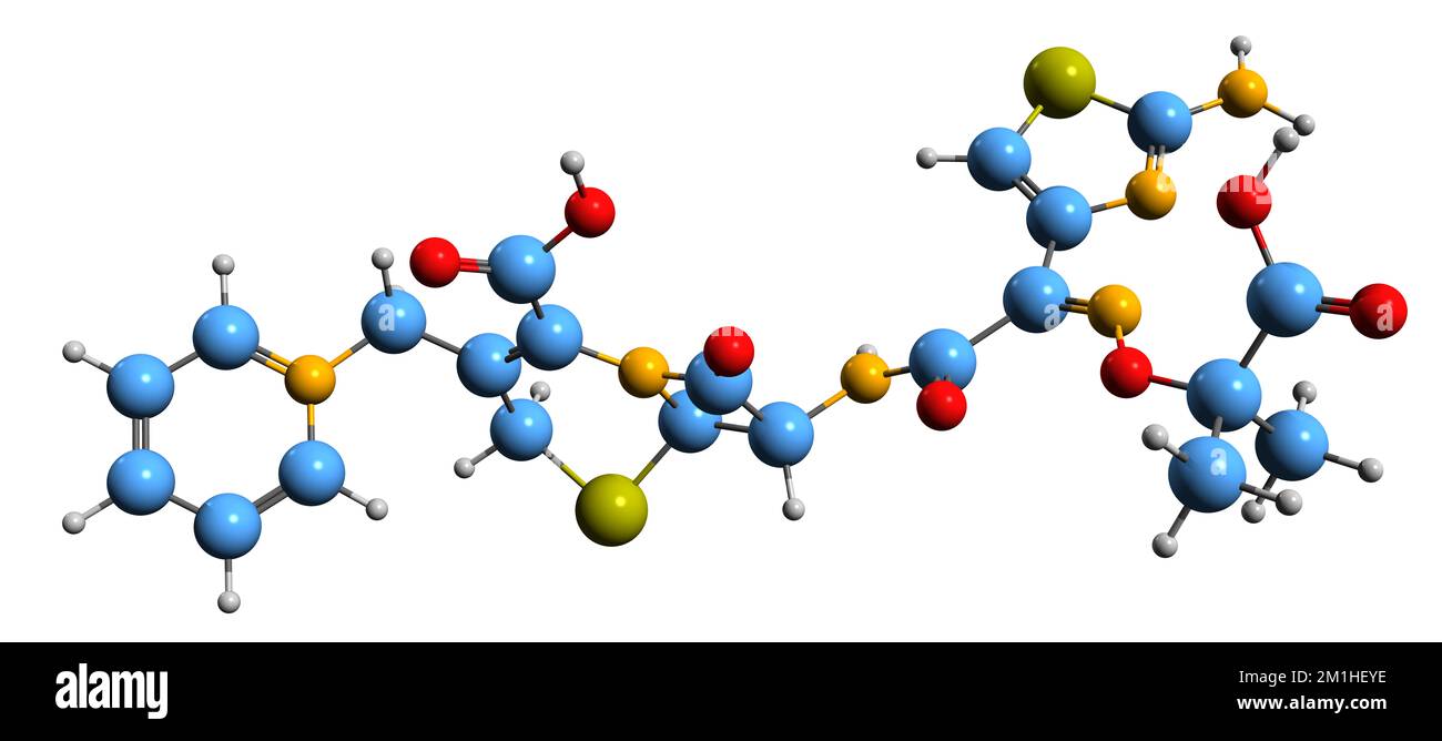3D immagine di Ceftazidime formula scheletrica - struttura chimica molecolare dell'antibiotico cefalosporinico isolato su sfondo bianco Foto Stock