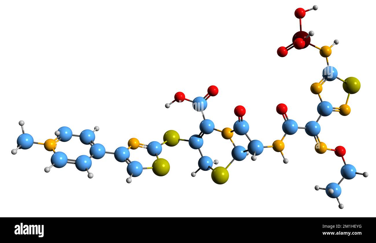 3D immagine di Ceftarolina fosamil formula scheletrica - struttura chimica molecolare dell'antibiotico cefalosporinico isolato su sfondo bianco Foto Stock