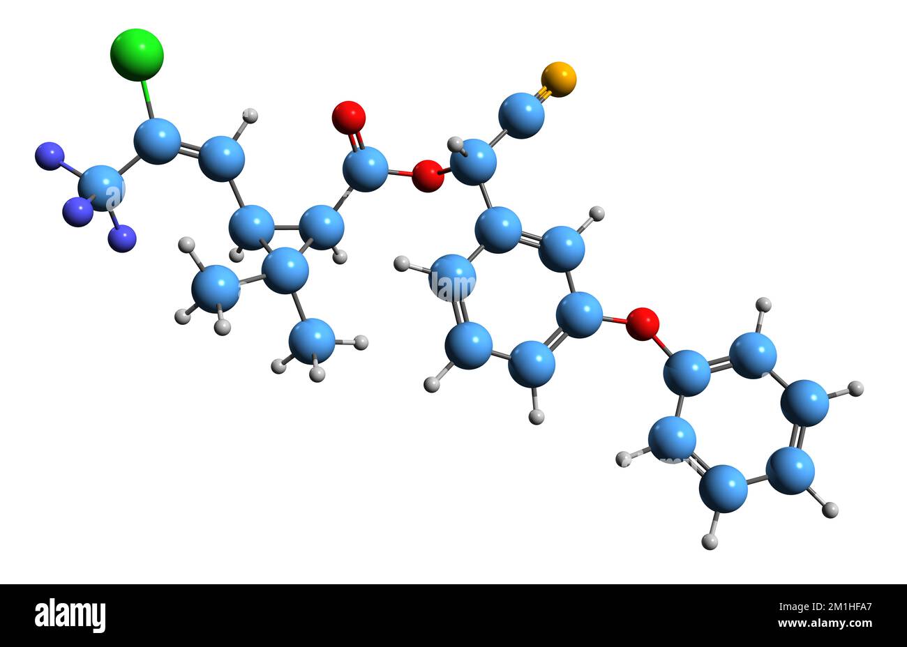 3D immagine della formula scheletrica della cialotrina - struttura chimica molecolare dell'insetticida piretroide isolato su sfondo bianco Foto Stock