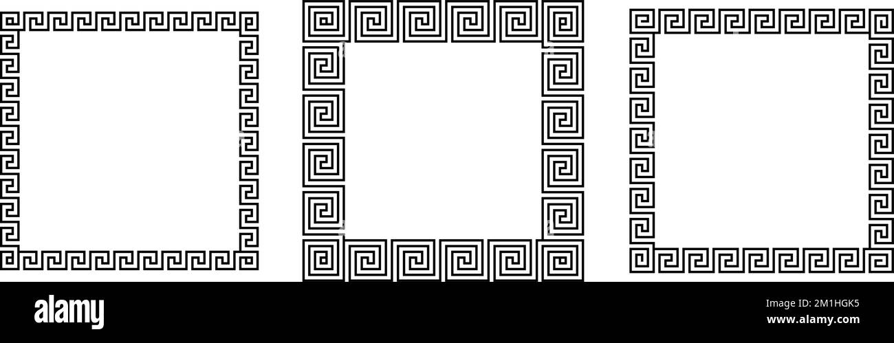 Set di cornici quadrate in ornamento greco. Raccolta di pattern rettangolari meandro. Antichi confini del fret greco. Motivo geometrico dei meandros. Vettore Illustrazione Vettoriale