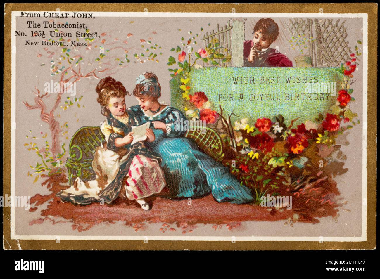 Con i migliori auguri per un gioioso compleanno. Da Cheap John, il tabacconista, No. 125 1/2 Union Street, New Bedford, Mass. , Adulti, corrispondenza, Fiori, Negozi di tabacco, Carte commerciali americane del 19th° secolo Foto Stock