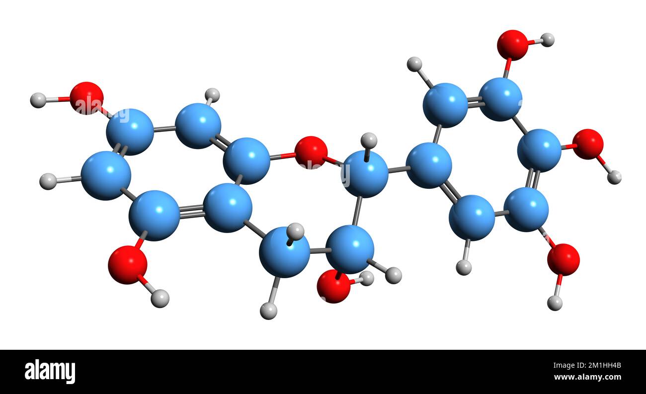 3D immagine della formula scheletrica di Gallocatecolo - struttura chimica molecolare del flavan-3-olo isolato su sfondo bianco Foto Stock