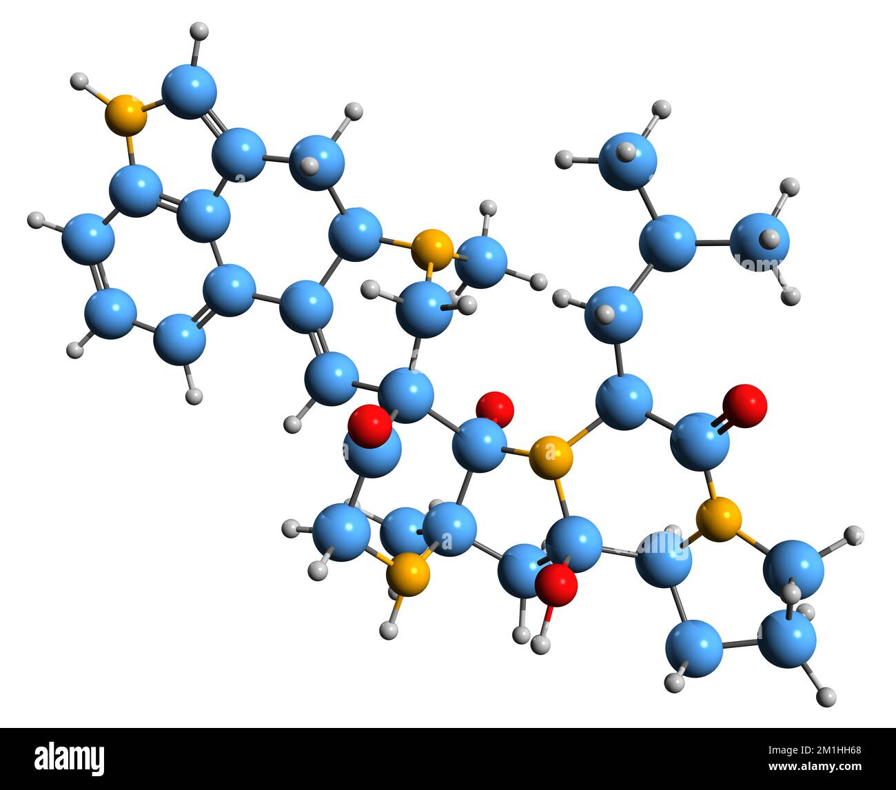 3D immagine di Ergosine formula scheletrica - struttura chimica molecolare dell'alcaloide dell'ergot isolato su sfondo bianco Foto Stock