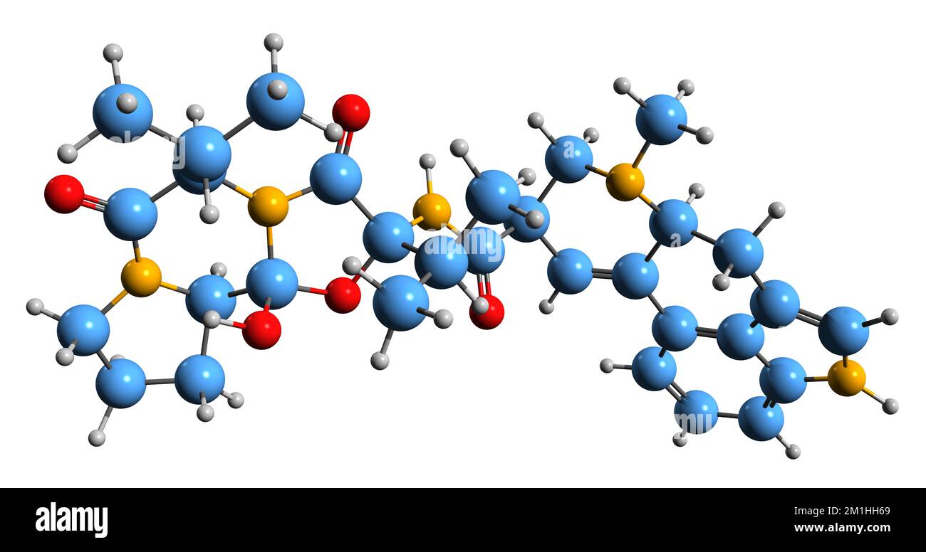 3D immagine di Ergocornine formula scheletrica - struttura chimica molecolare dell'alcaloide dell'ergot isolato su sfondo bianco Foto Stock