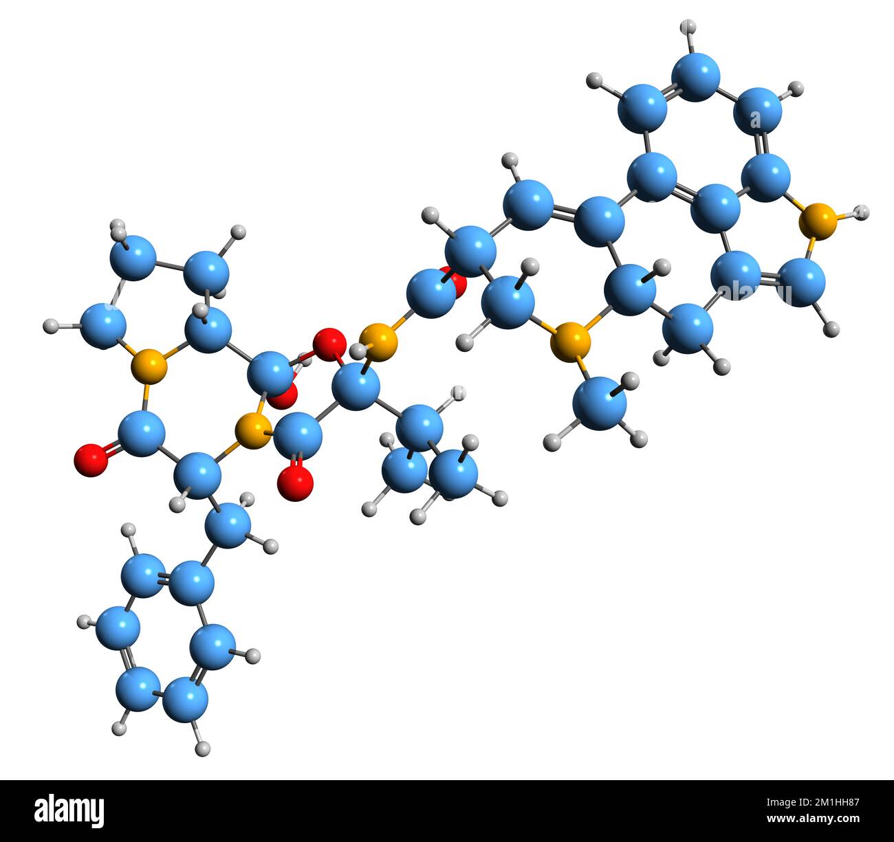 3D immagine di Ergocristina formula scheletrica - struttura chimica molecolare dell'alcaloide dell'ergot isolato su sfondo bianco Foto Stock