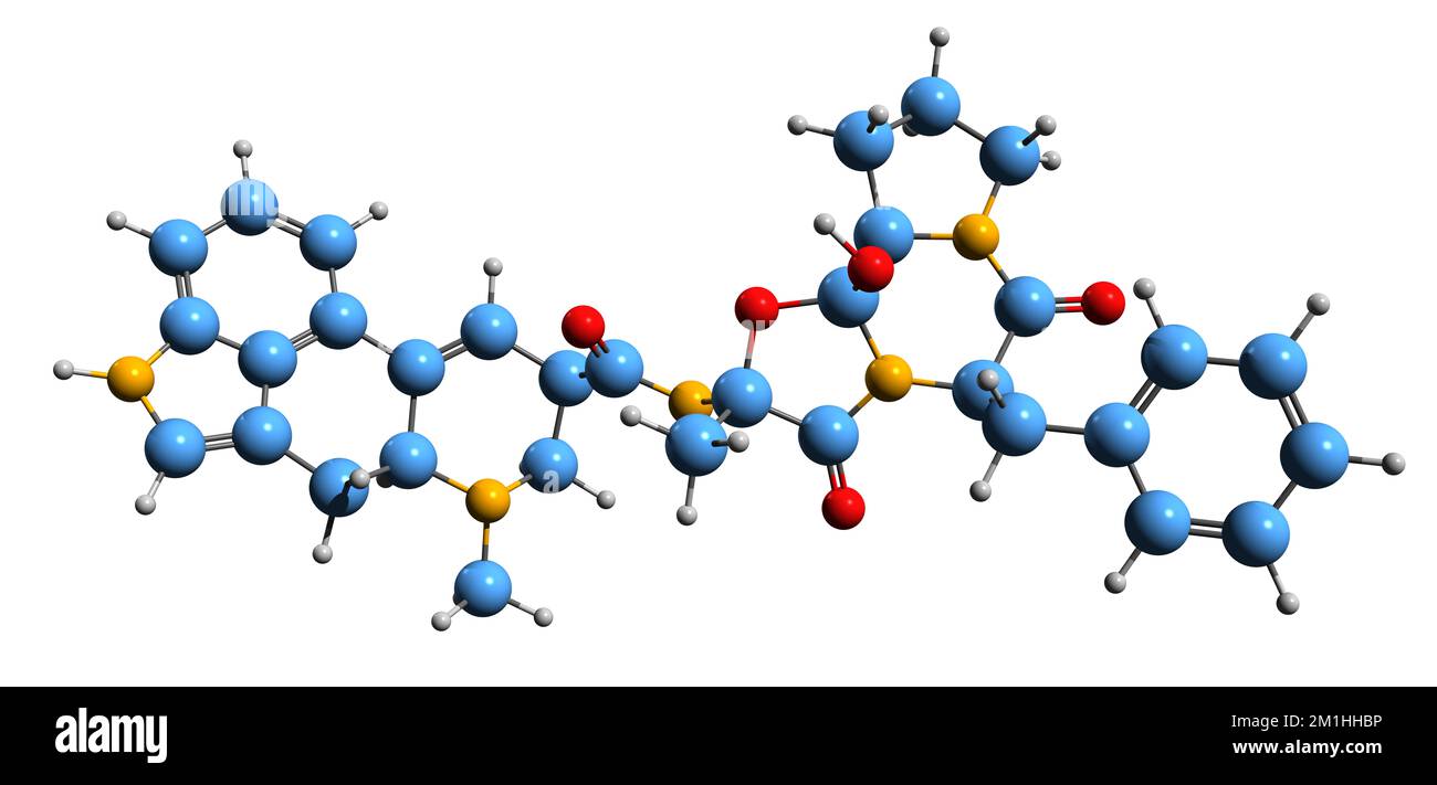 3D immagine della formula scheletrica di ergotamina - struttura chimica molecolare dell'ergopeptina isolata su sfondo bianco Foto Stock