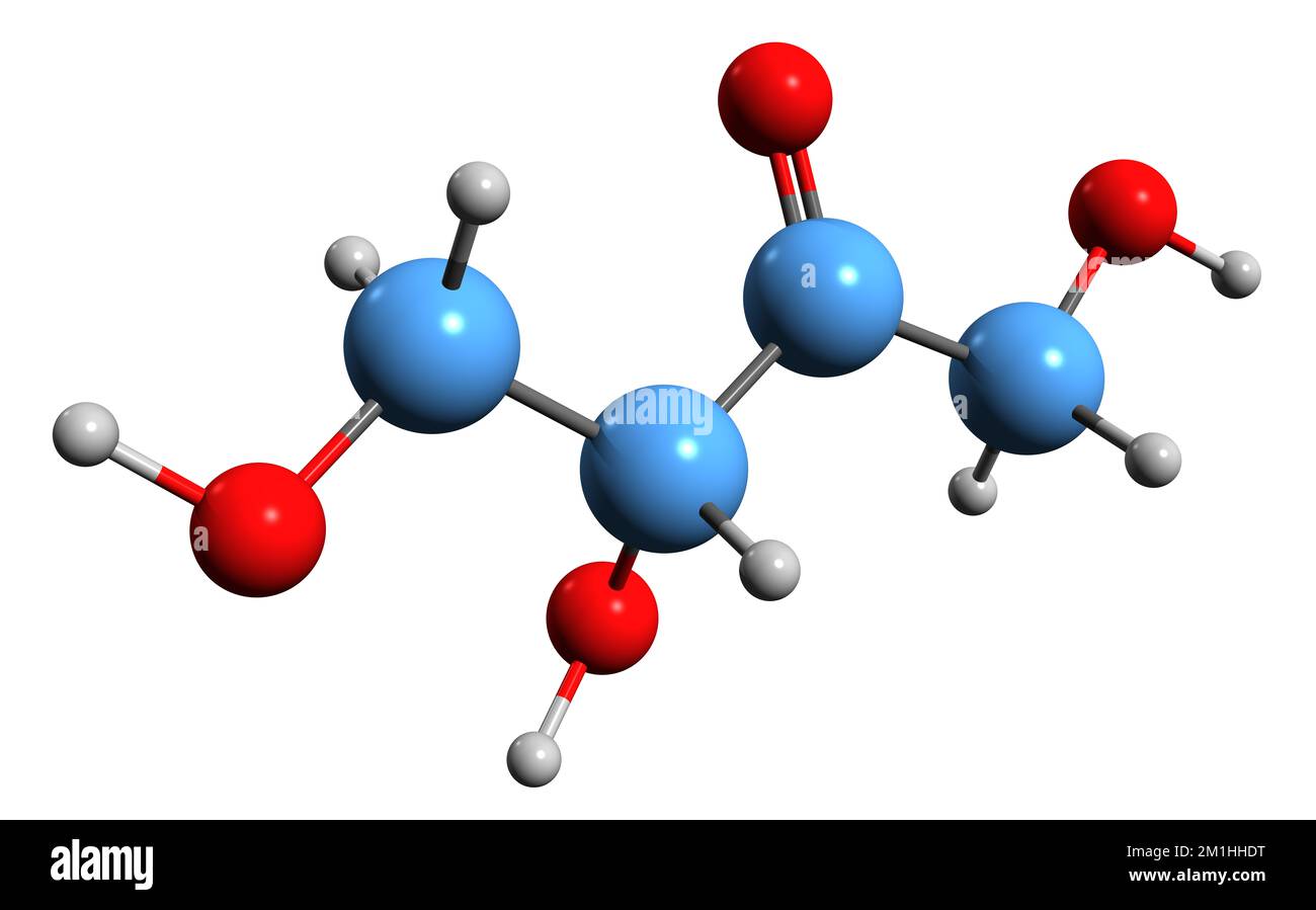 3D immagine di Erythrulose formula scheletrica - struttura chimica molecolare di Glycerotetrulose isolato su sfondo bianco Foto Stock